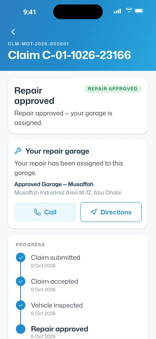 Repair approved, with the garage and directions in the app.