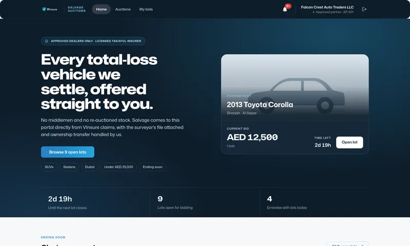 Every total-loss car you settle, offered straight to approved dealers.