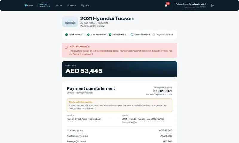 A clear payment-due statement for every win, sent before any tax invoice.