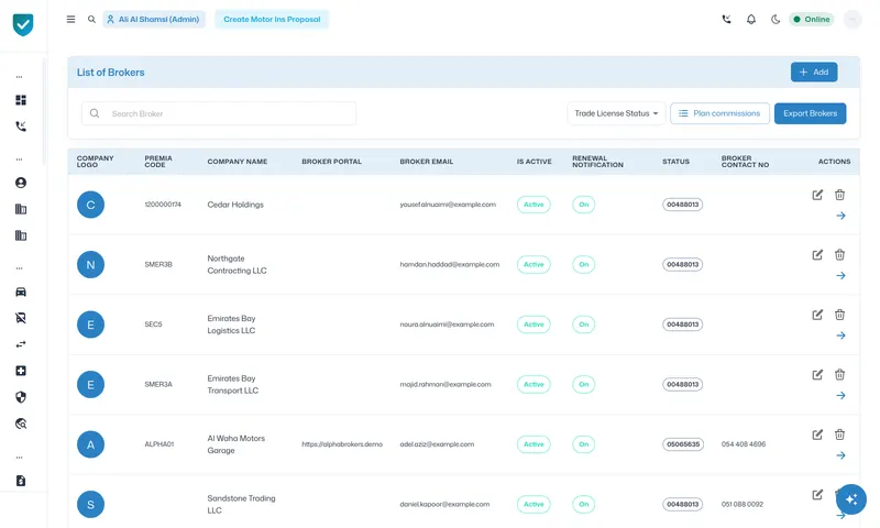 The broker network: status, codes and contacts.