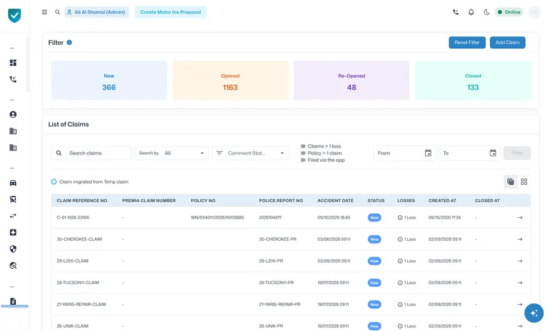 Every claim in one list: new, opened, re-opened, closed, including claims filed in the app.