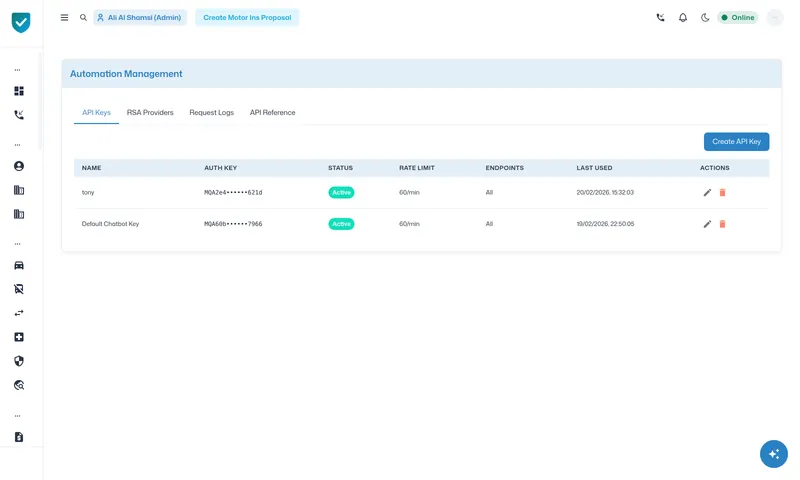 Keyed automation API for chatbots and partner systems, with a request log.