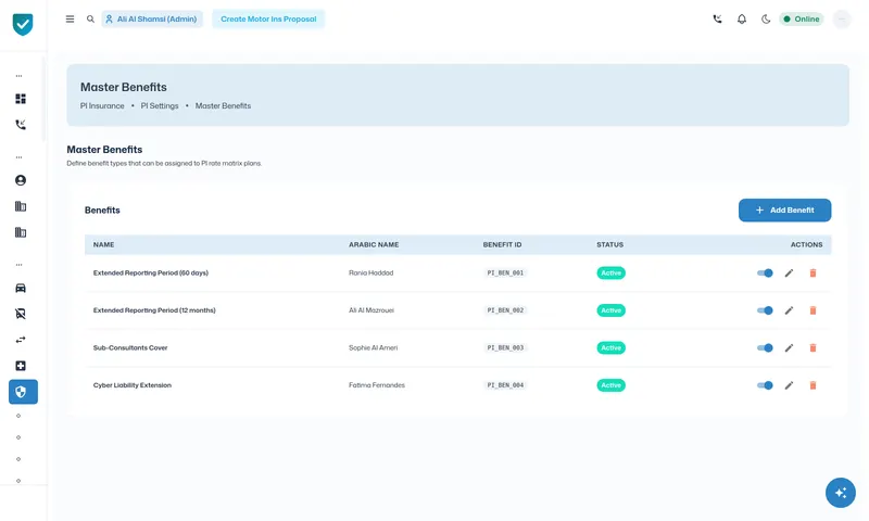 Professional indemnity benefits catalogue, configured not coded.