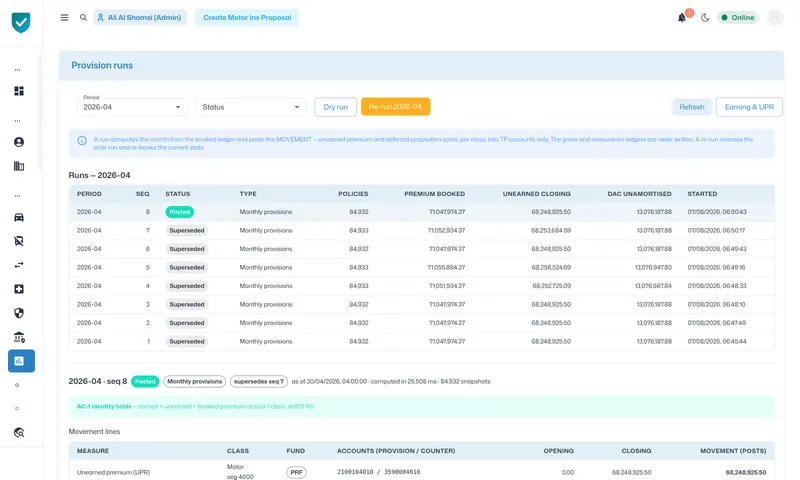 Repeatable month-end provision runs.